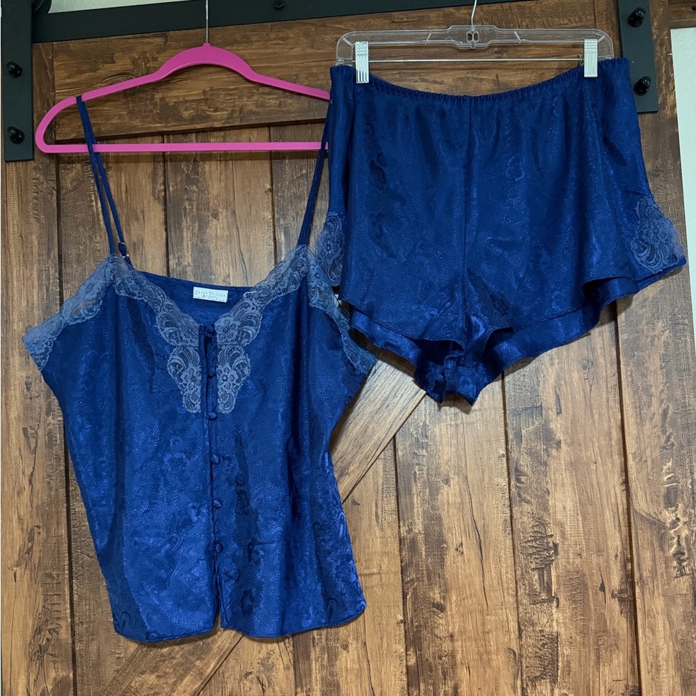 Vintage Erika Taylor intimates Cami & Short set Blue Paisley Print with lace XL